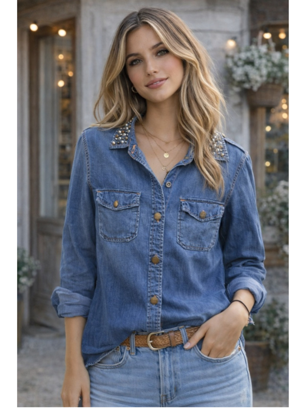 Current/Elliott Perfect Shirt Miner Denim Button Up Studded Top Small